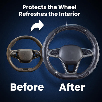 Before and after car interior with Vyonix carbon fiber steering wheel cover