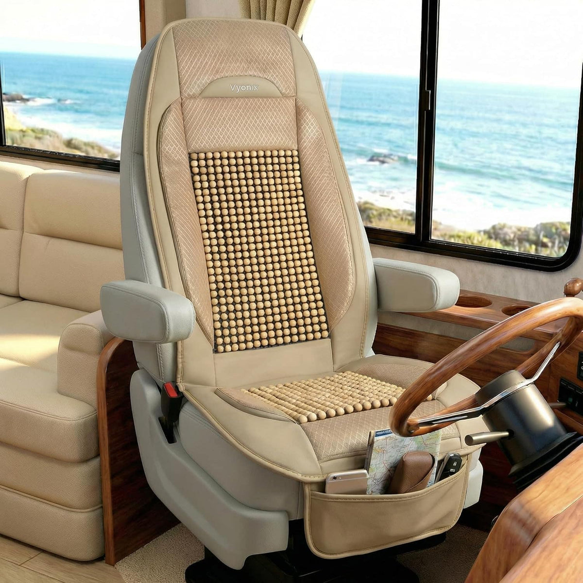 Vyonix tan beaded RV captain seat cover installed on front seat