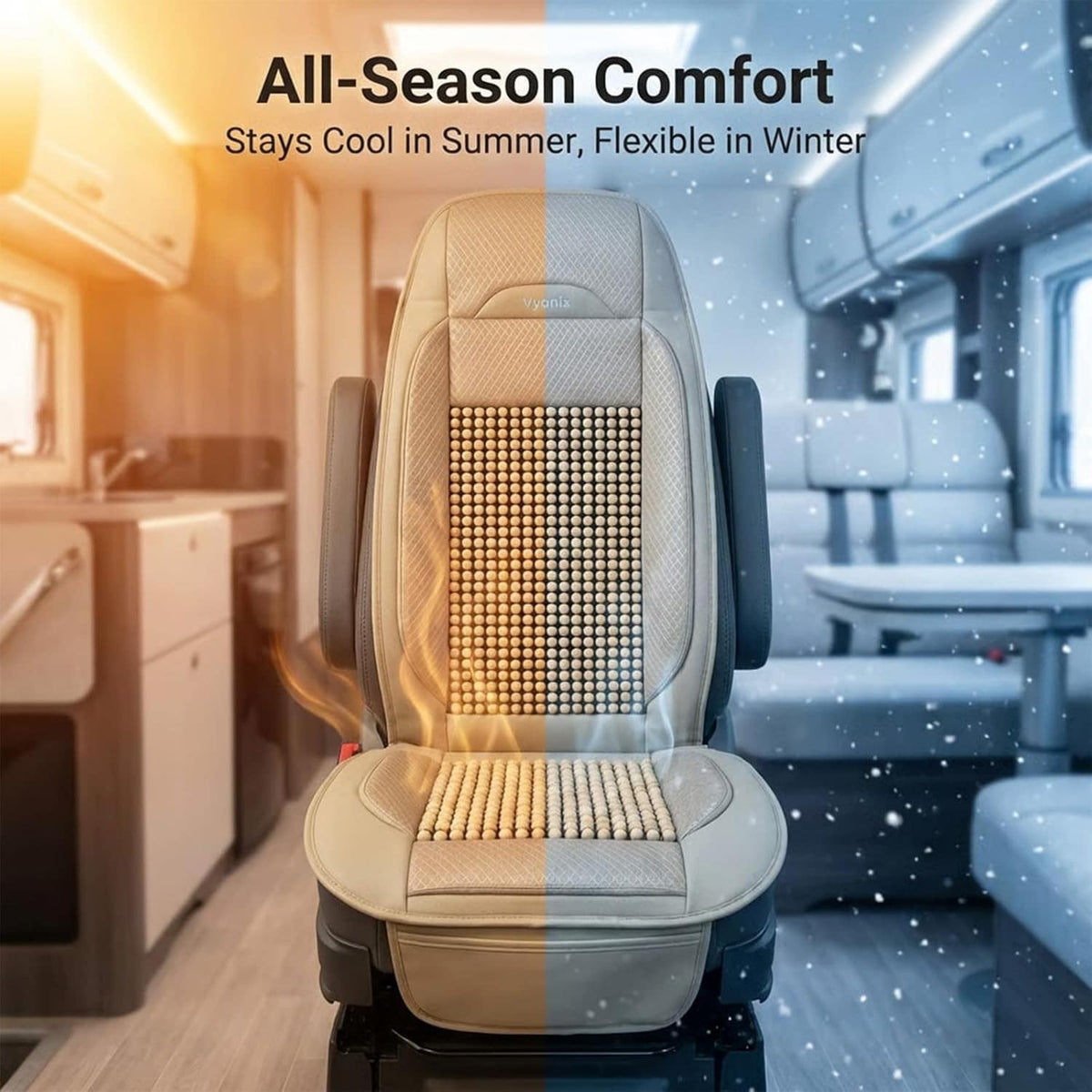Vyonix tan beaded seat cover installed on an RV captain chair