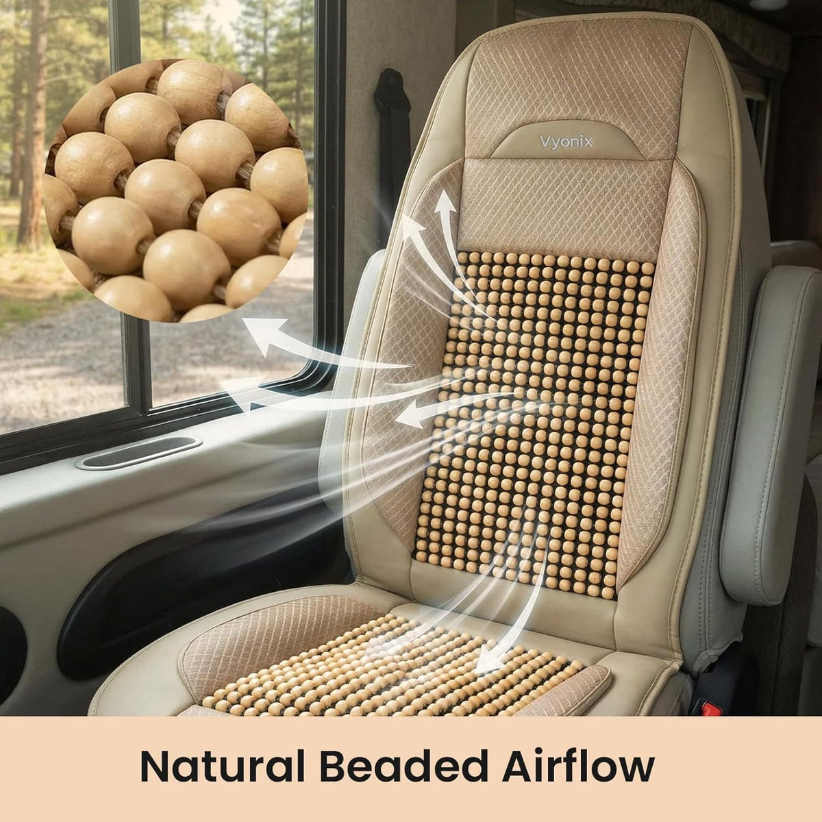 Vyonix RV beaded seat cover natural wooden bead airflow design