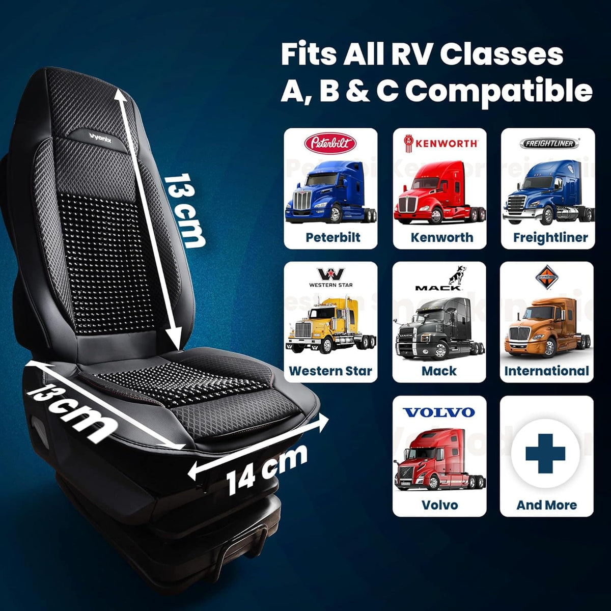 Vyonix semi-truck beaded seat cover fit dimensions for Freightliner, Kenworth, Peterbilt, Volvo, and Mack cabs