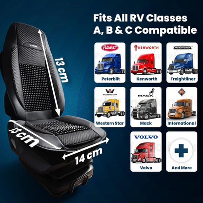 Vyonix semi-truck beaded seat cover fit dimensions for Freightliner, Kenworth, Peterbilt, Volvo, and Mack cabs