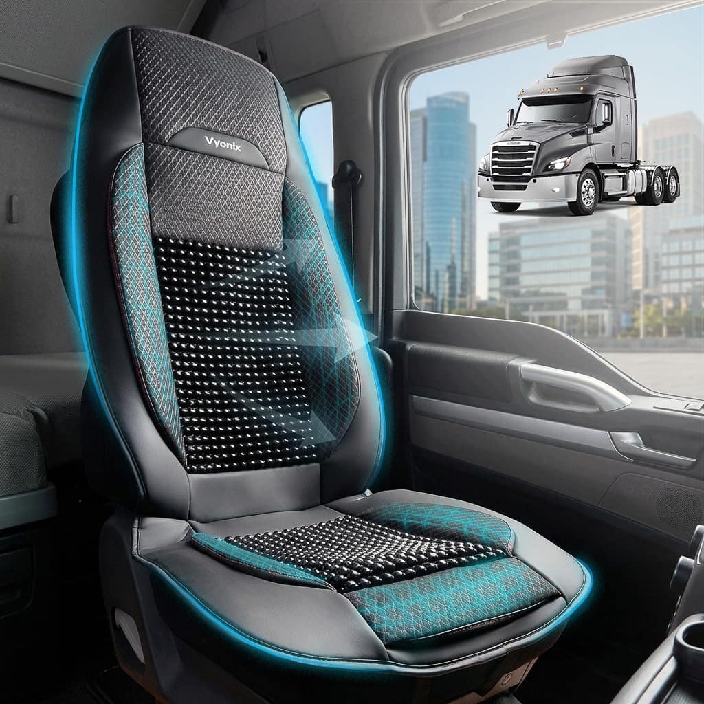 Black | Vyonix beaded seat cover installed in a semi-truck cab driver seat