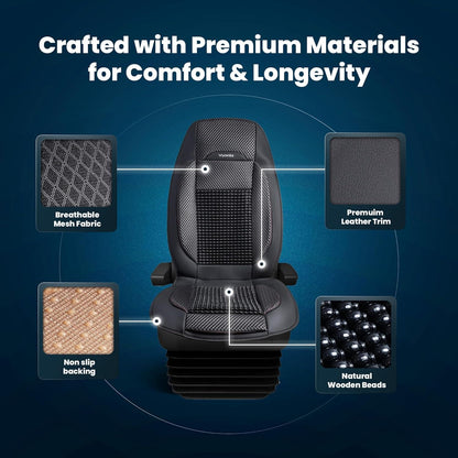 Vyonix semi-truck beaded seat cover materials: wooden beads, leather edging, breathable mesh