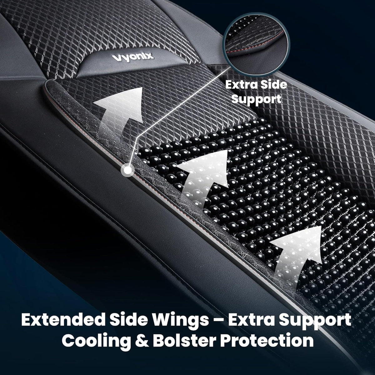 Vyonix semi-truck beaded seat cover side support and edging close-up