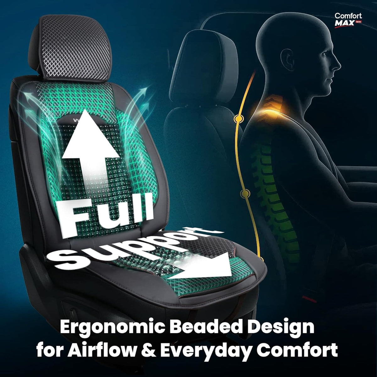 Vyonix beaded car seat cover ergonomic back support illustration
