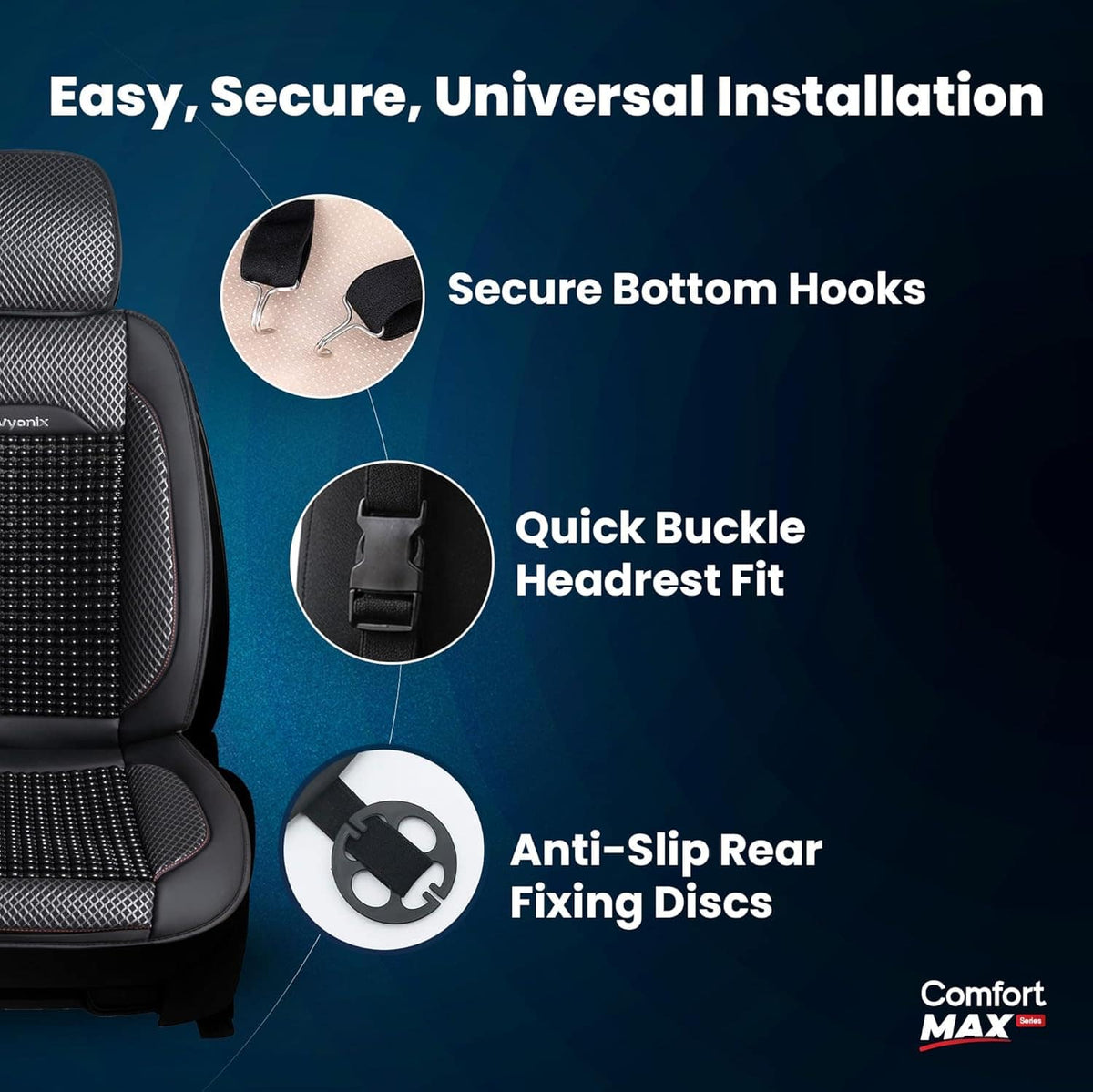 Vyonix car seat cover installation hooks and clasps