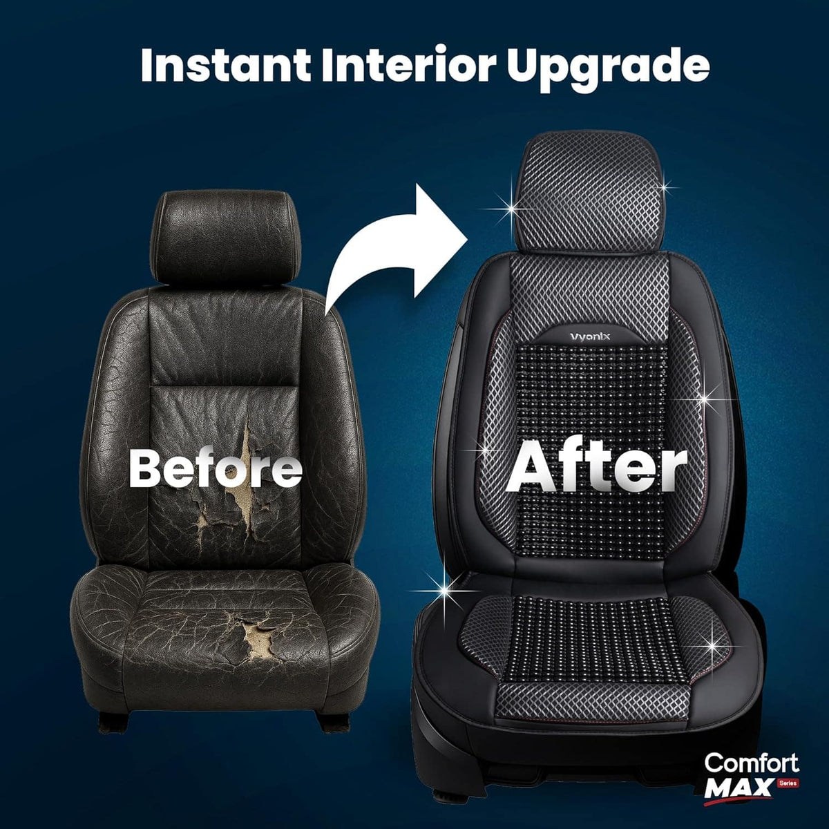 Before and after car interior with the Vyonix beaded seat cover